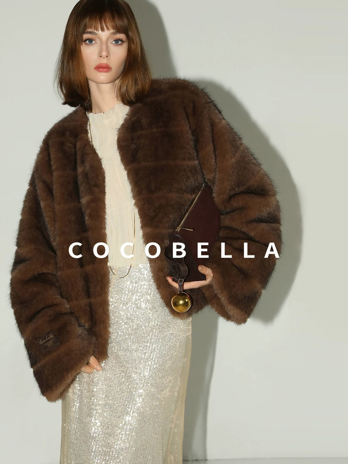 COCOBELLA Soft Faux Fur Short Coat Standard Fit Women Coffee Brown Polyester Jackets