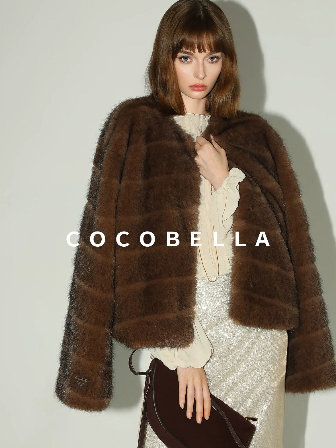 COCOBELLA Soft Faux Fur Short Coat Standard Fit Women Coffee Brown Polyester Jackets
