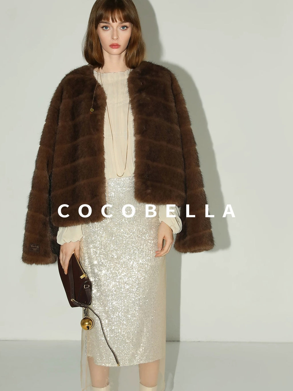 COCOBELLA Soft Faux Fur Short Coat Standard Fit Women Coffee Brown Polyester Jackets