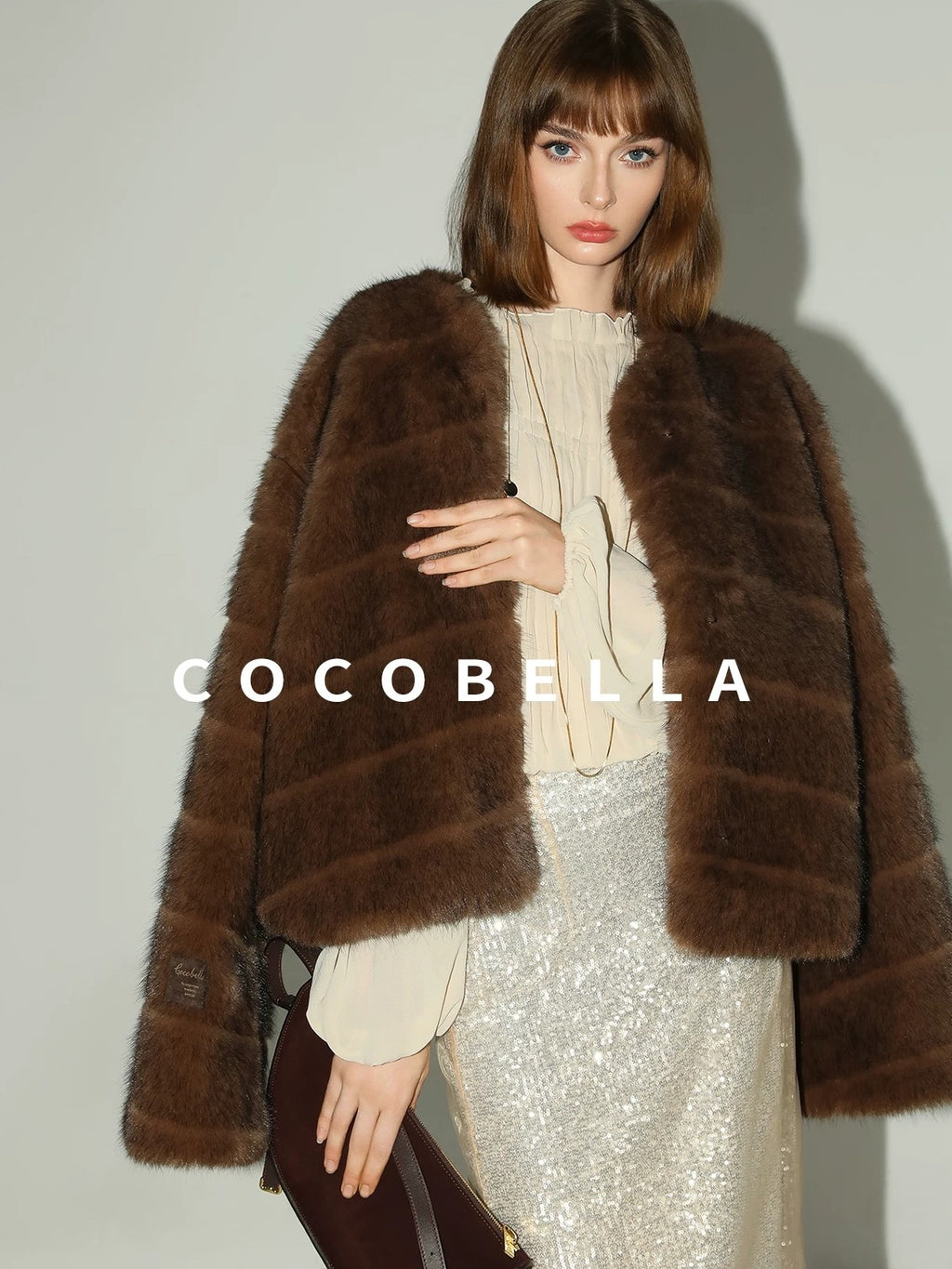 COCOBELLA Soft Faux Fur Short Coat Standard Fit Women Coffee Brown Polyester Jackets