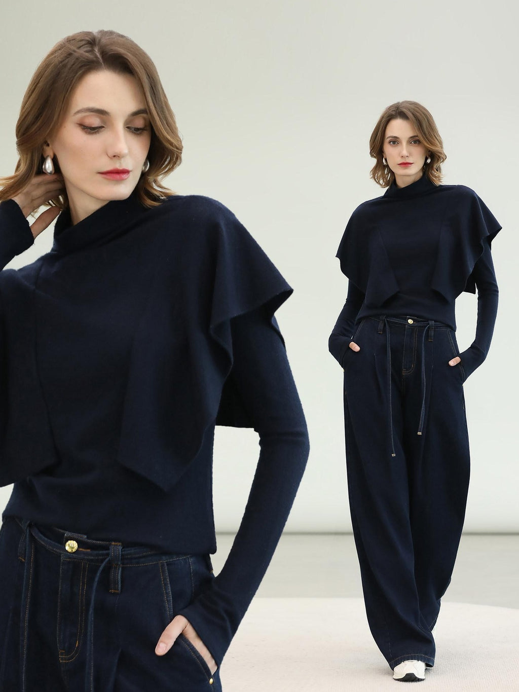 COCOBELLA Soft Fine Knit Ruffle Paneled Mock Neck Slim Fit Office Women Turtleneck Sweater