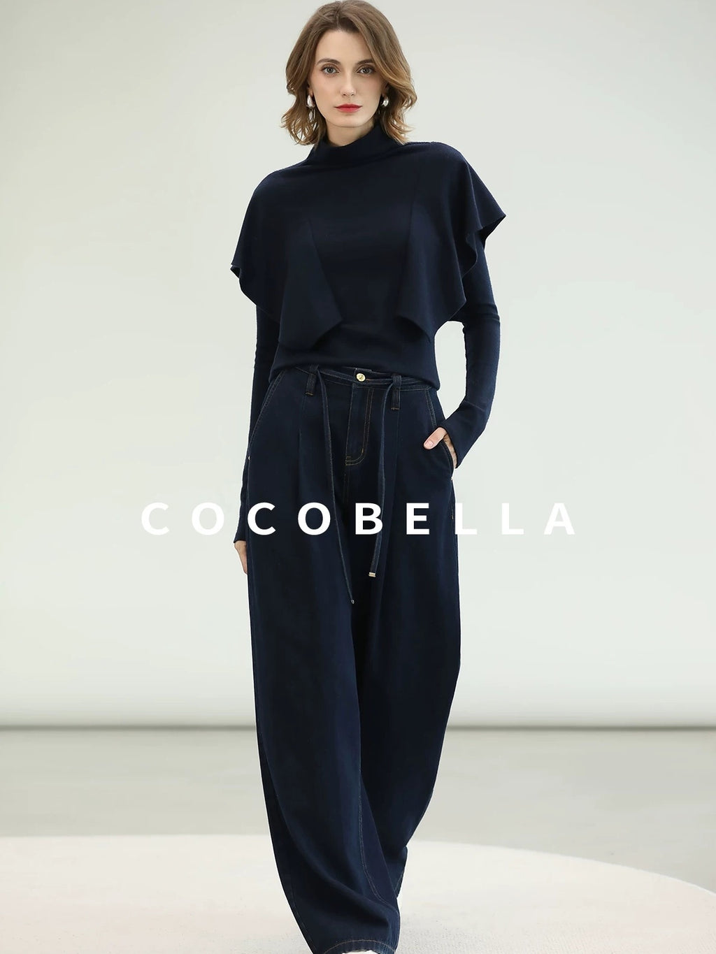 COCOBELLA Soft Fine Knit Ruffle Paneled Mock Neck Slim Fit Office Women Turtleneck Sweater