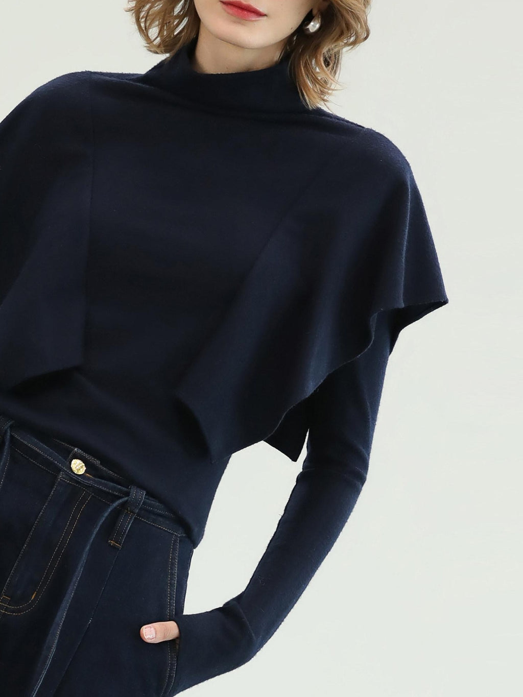 COCOBELLA Soft Fine Knit Ruffle Paneled Mock Neck Slim Fit Office Women Turtleneck Sweater