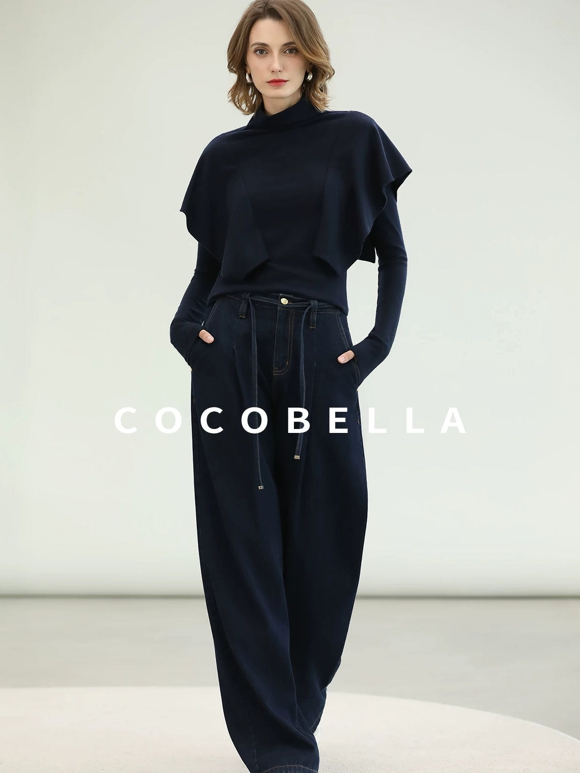COCOBELLA Soft Fine Knit Ruffle Paneled Mock Neck Slim Fit Office Women Turtleneck Sweater