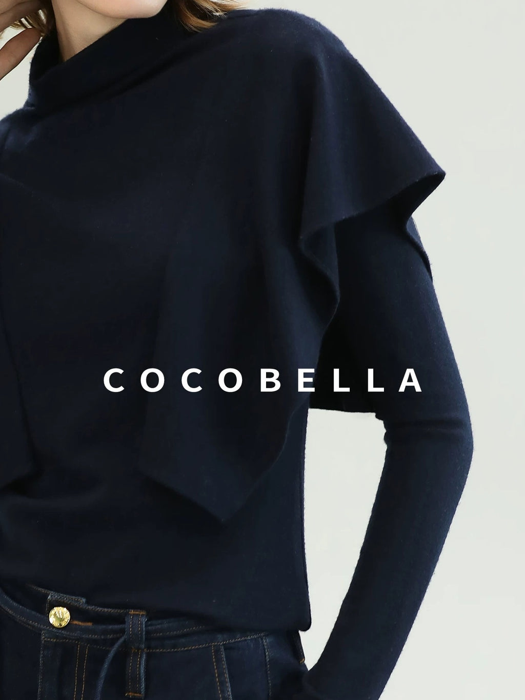 COCOBELLA Soft Fine Knit Ruffle Paneled Mock Neck Slim Fit Office Women Turtleneck Sweater