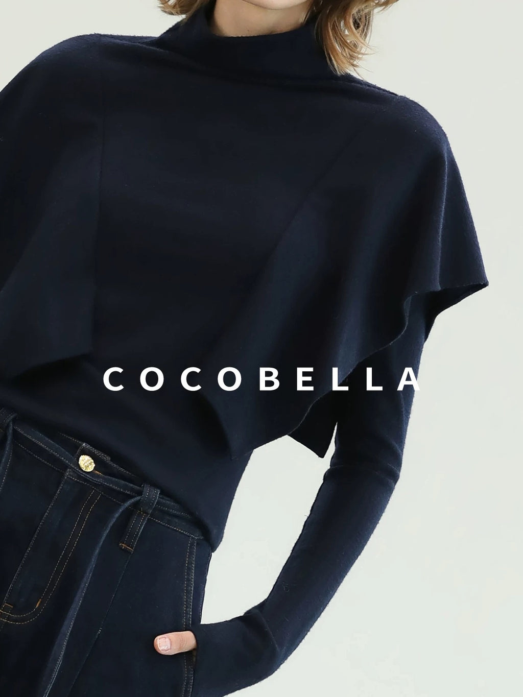 COCOBELLA Soft Fine Knit Ruffle Paneled Mock Neck Slim Fit Office Women Turtleneck Sweater