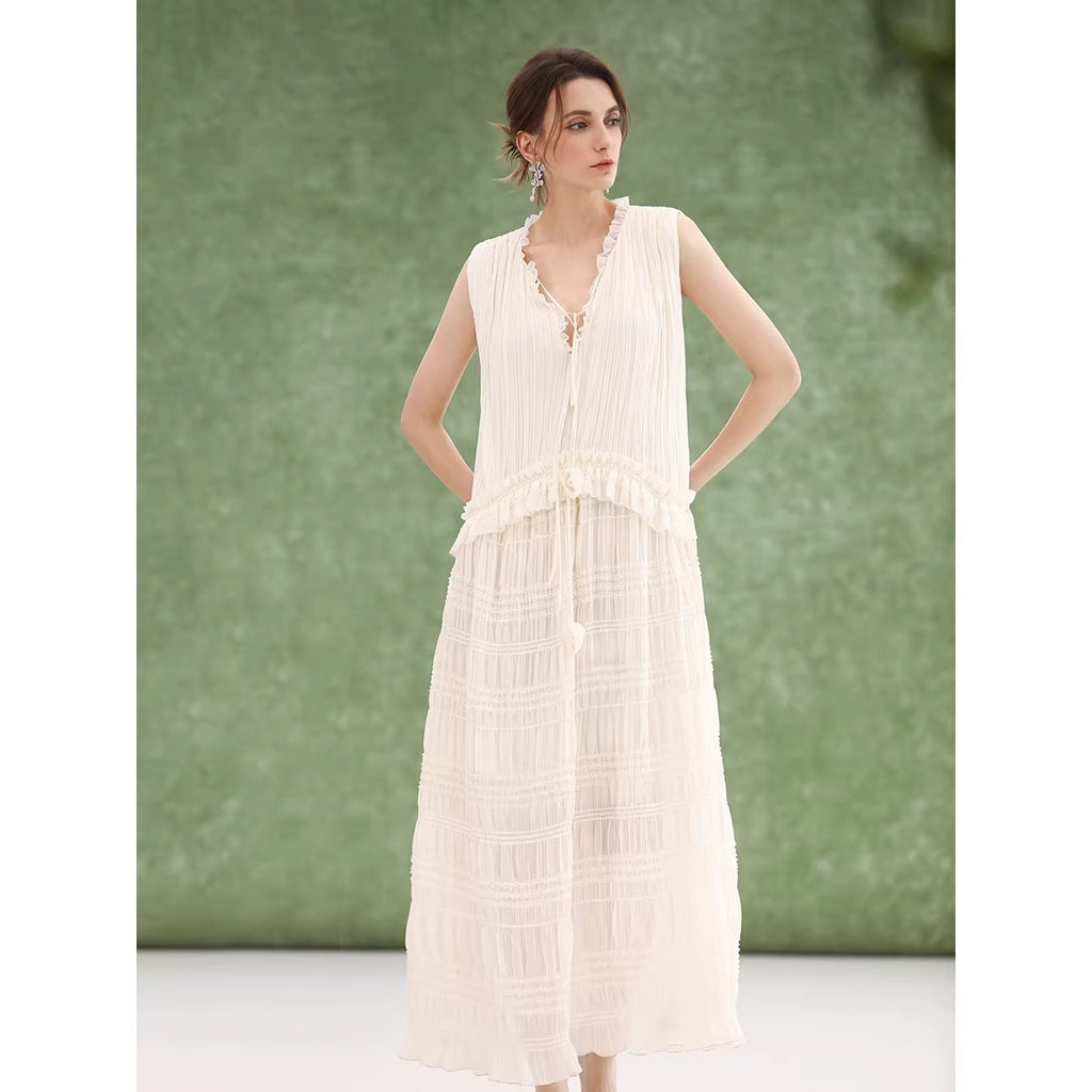 COCOBELLA_Soft_French_A_Line_V_Neck_Sleeveless_Lace_Pleated_Adjustable_Waist_Dresses_MISSTT