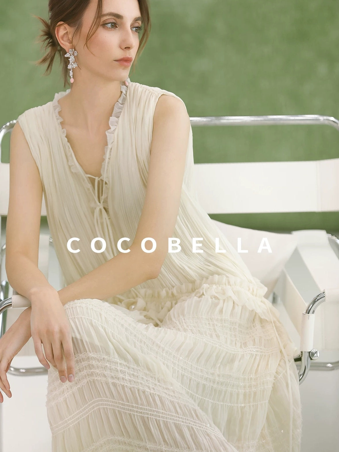 COCOBELLA Soft French A Line V Neck Sleeveless Lace Pleated Adjustable Waist Dresses