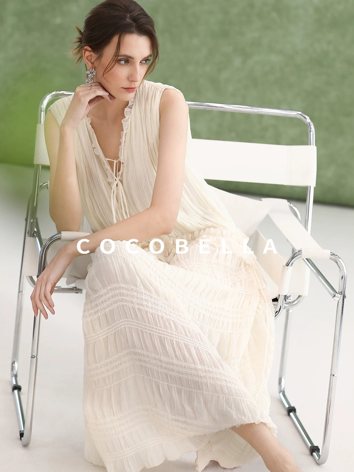 COCOBELLA Soft French A Line V Neck Sleeveless Lace Pleated Adjustable Waist Dresses