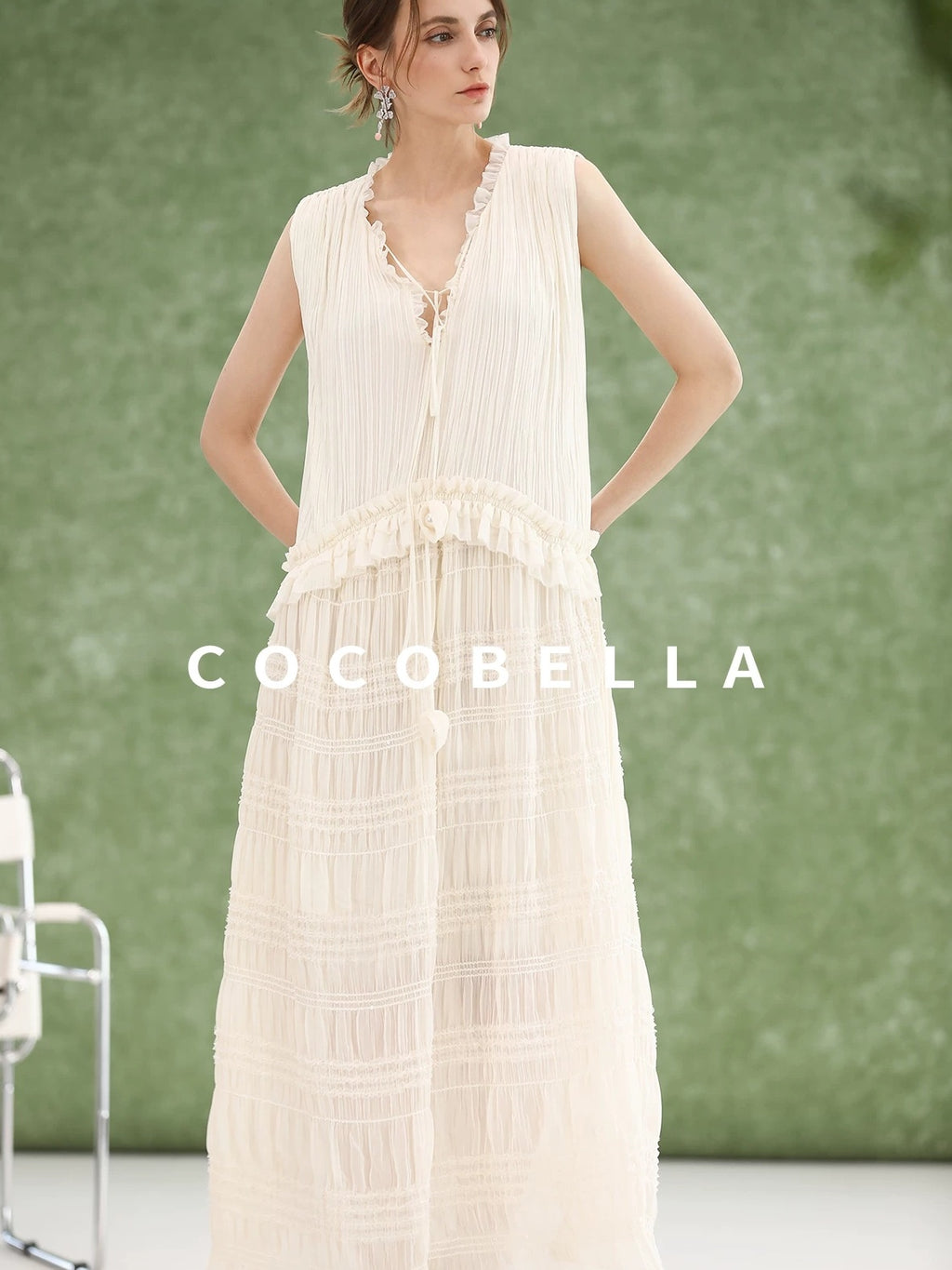 COCOBELLA Soft French A Line V Neck Sleeveless Lace Pleated Adjustable Waist Dresses