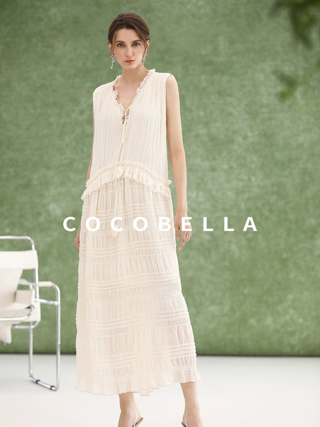 COCOBELLA Soft French A Line V Neck Sleeveless Lace Pleated Adjustable Waist Dresses
