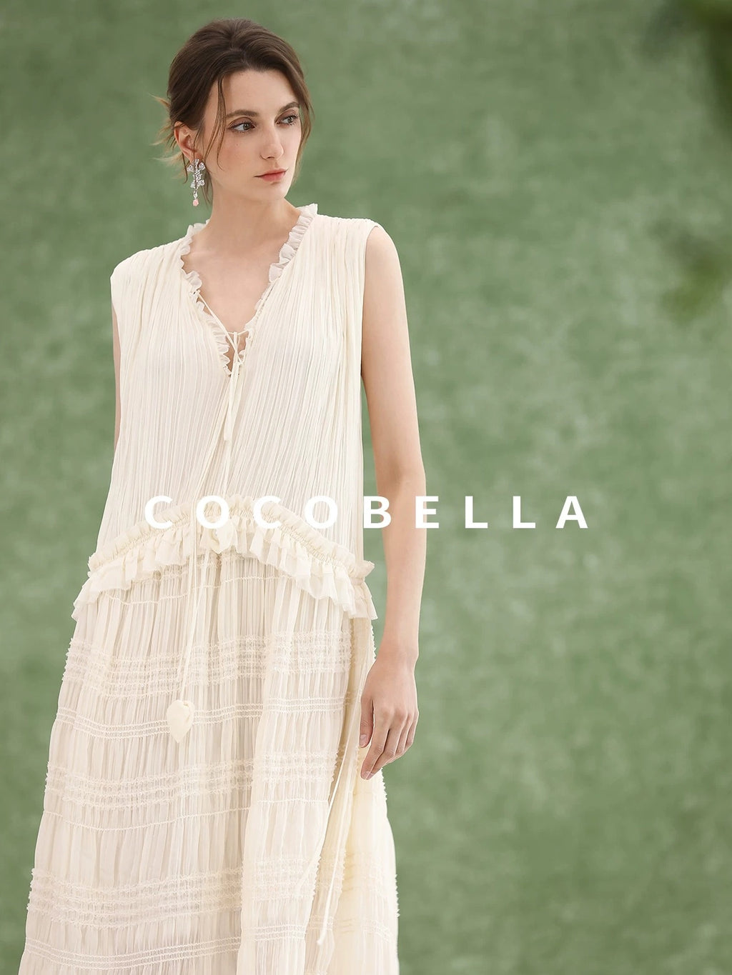 COCOBELLA Soft French A Line V Neck Sleeveless Lace Pleated Adjustable Waist Dresses
