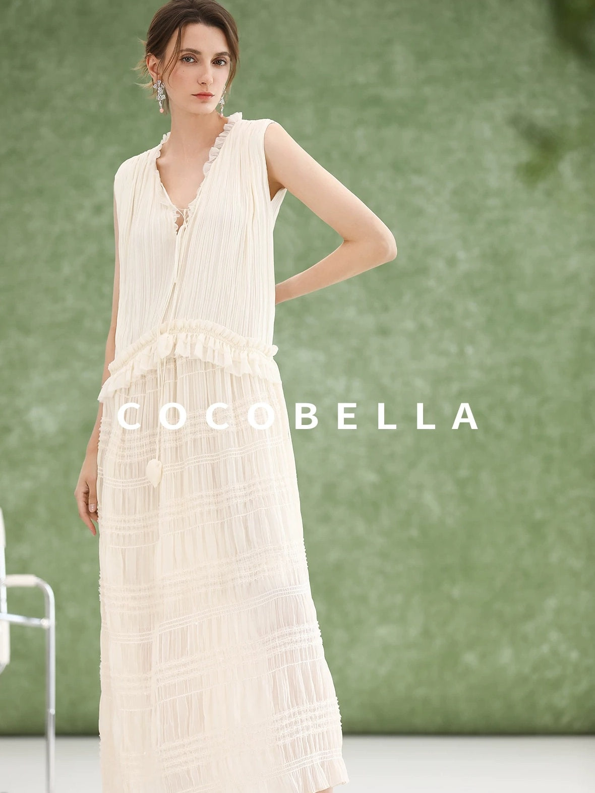 COCOBELLA Soft French A Line V Neck Sleeveless Lace Pleated Adjustable Waist Dresses