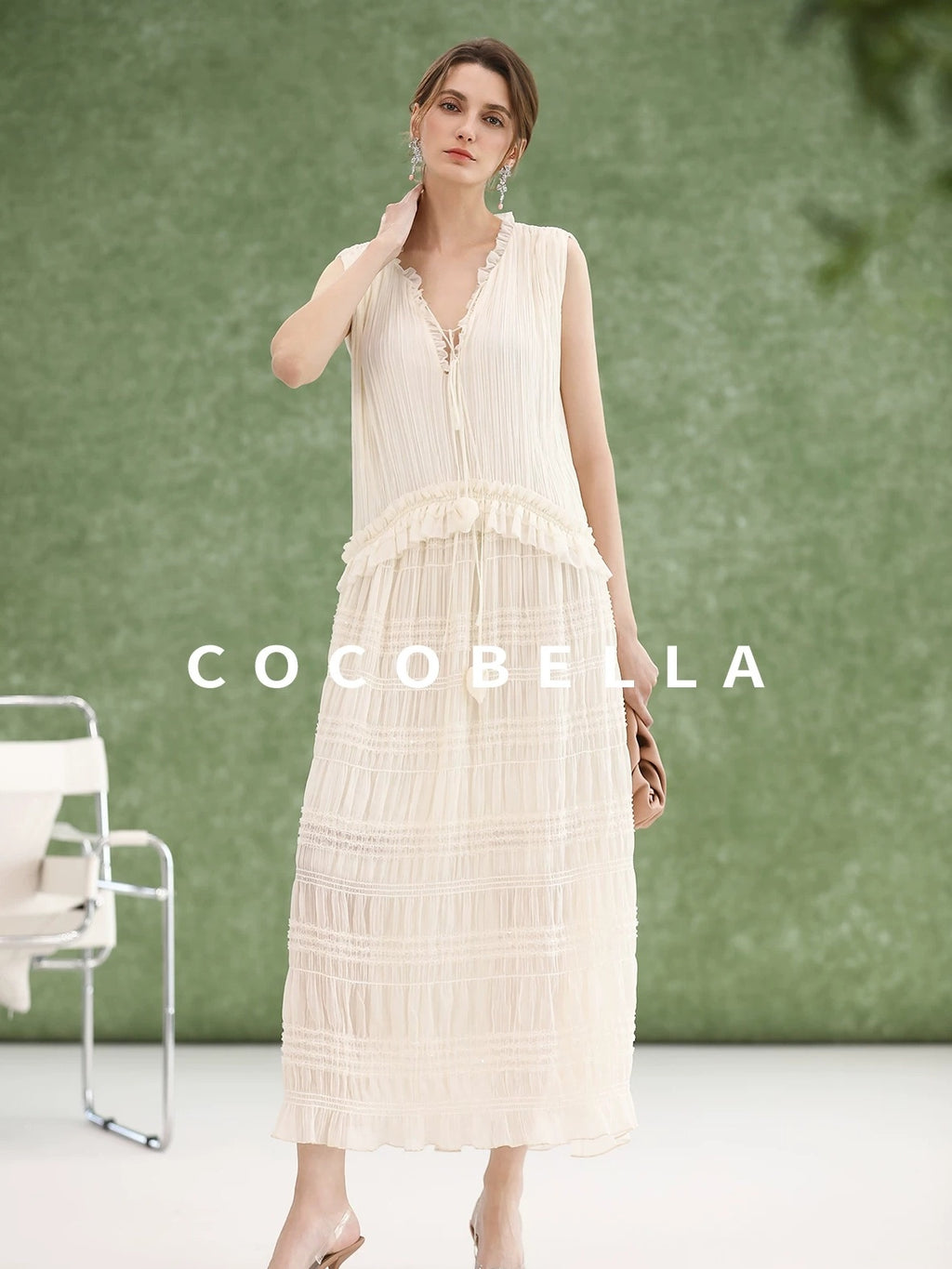 COCOBELLA Soft French A Line V Neck Sleeveless Lace Pleated Adjustable Waist Dresses