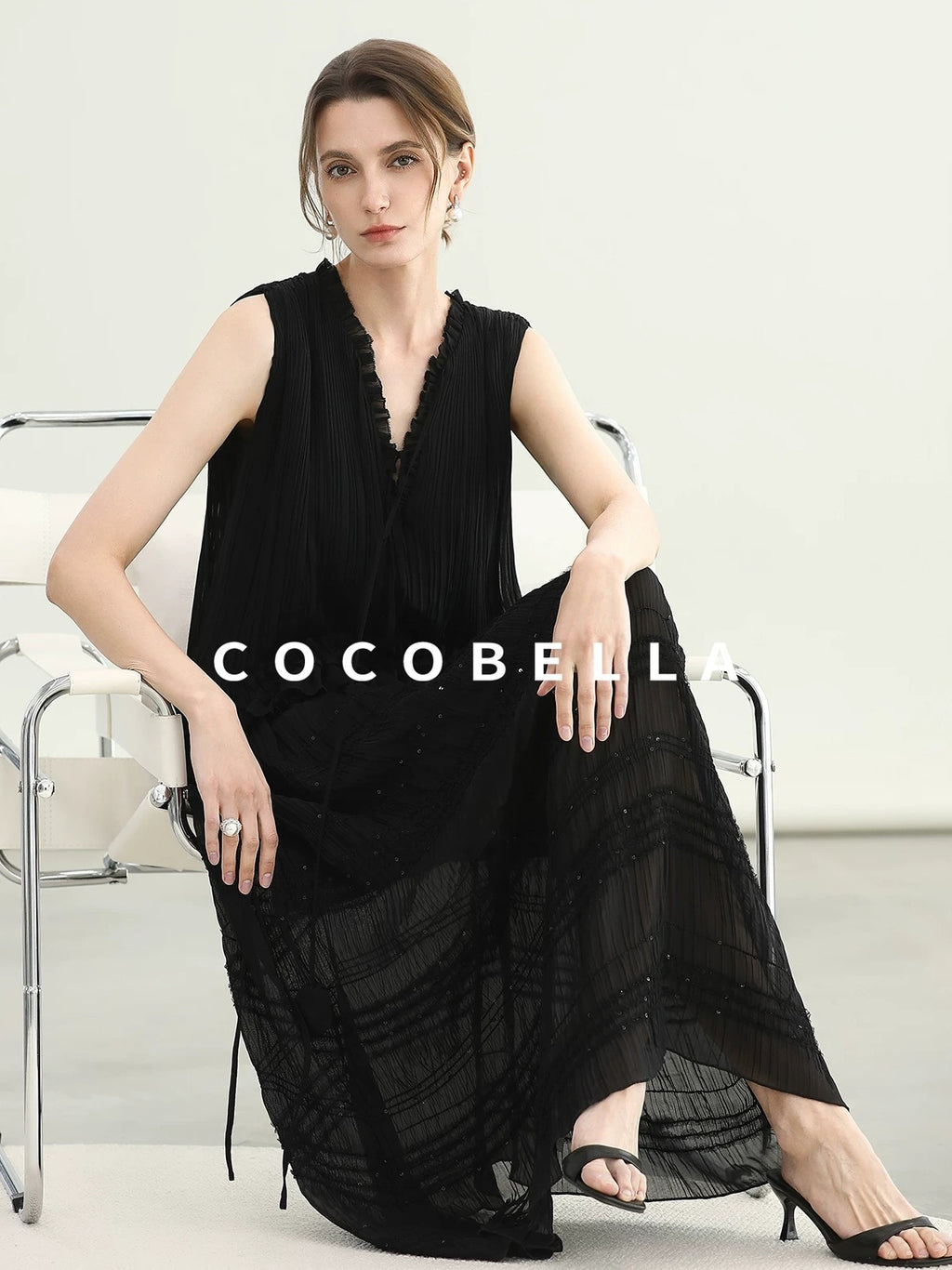COCOBELLA Soft French A Line V Neck Sleeveless Lace Pleated Adjustable Waist Dresses