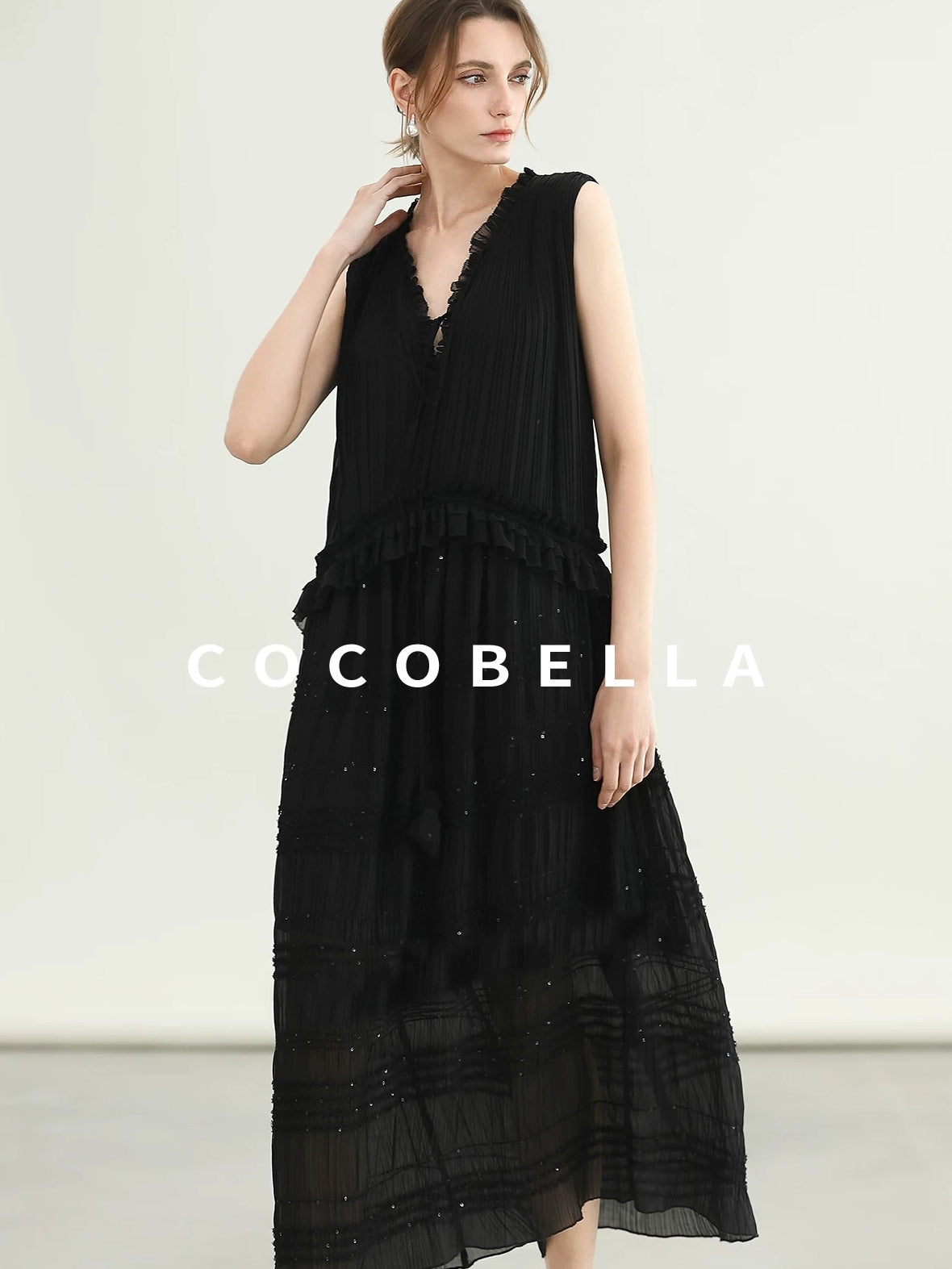COCOBELLA Soft French A Line V Neck Sleeveless Lace Pleated Adjustable Waist Dresses