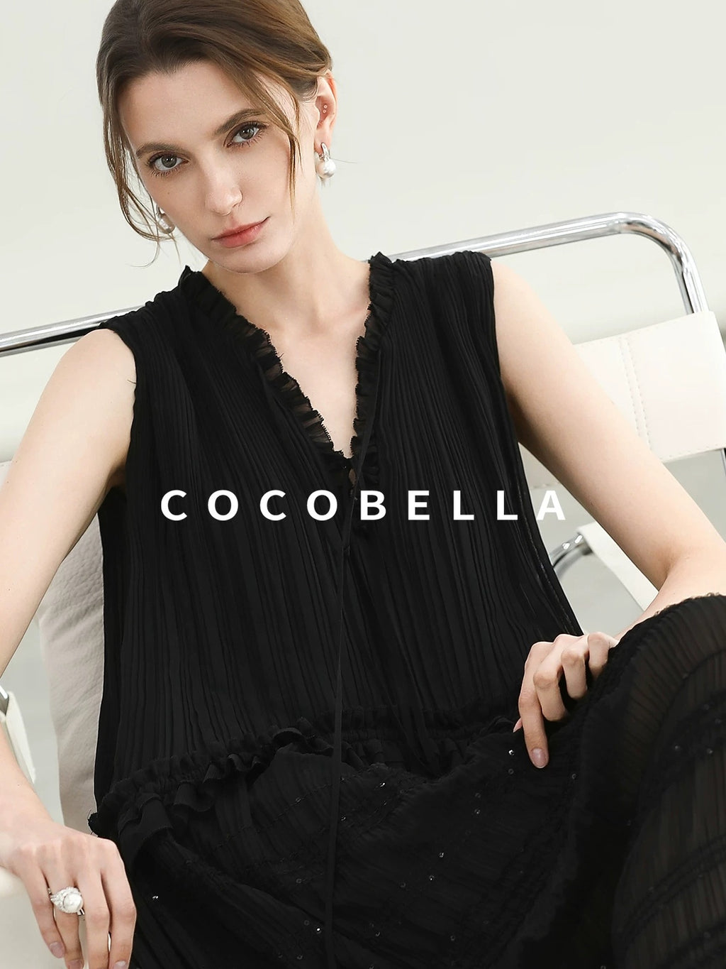 COCOBELLA Soft French A Line V Neck Sleeveless Lace Pleated Adjustable Waist Dresses