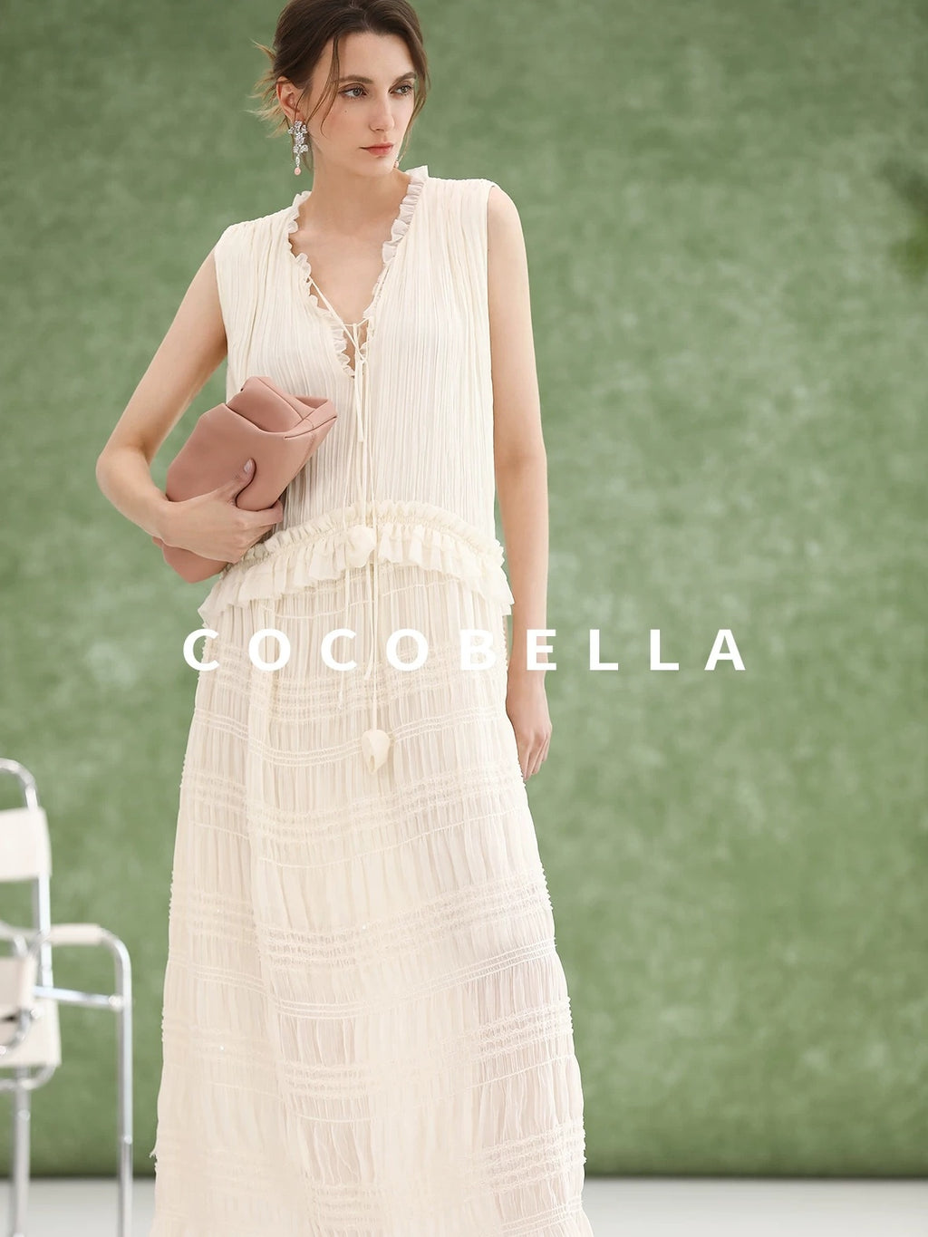 COCOBELLA Soft French A Line V Neck Sleeveless Lace Pleated Adjustable Waist Dresses