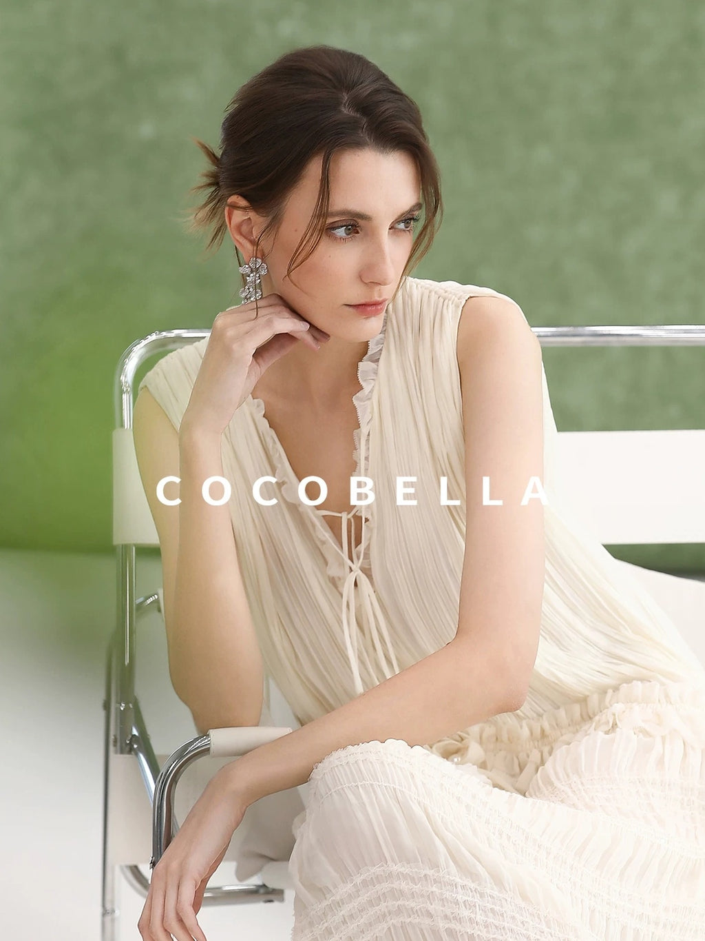 COCOBELLA Soft French A Line V Neck Sleeveless Lace Pleated Adjustable Waist Dresses