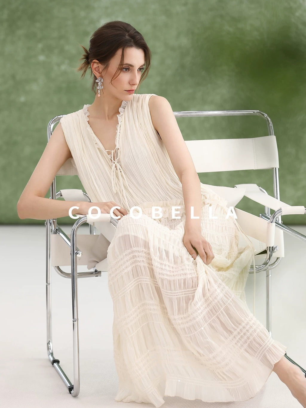 COCOBELLA Soft French A Line V Neck Sleeveless Lace Pleated Adjustable Waist Dresses