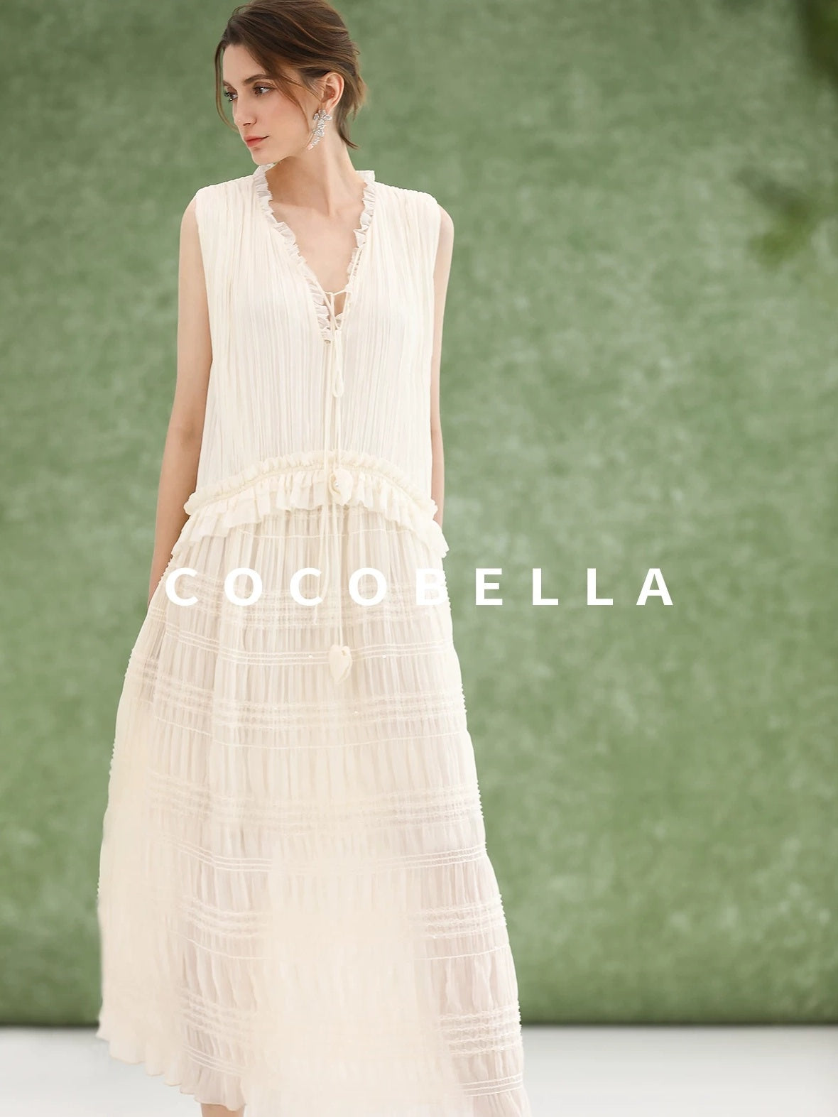 COCOBELLA Soft French A Line V Neck Sleeveless Lace Pleated Adjustable Waist Dresses