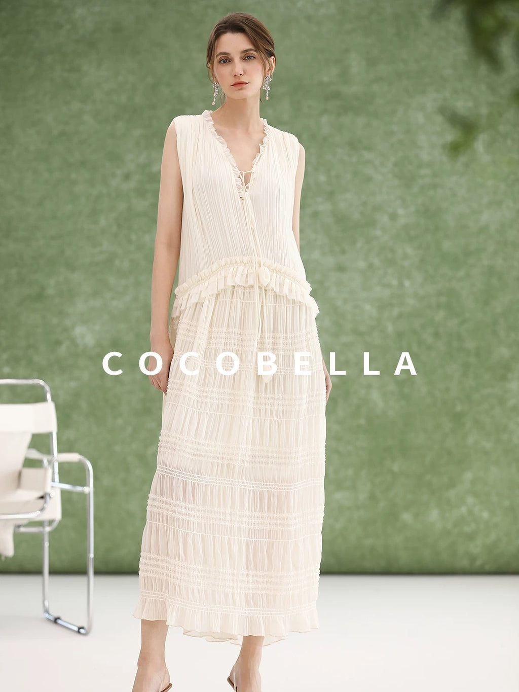 COCOBELLA Soft French A Line V Neck Sleeveless Lace Pleated Adjustable Waist Dresses