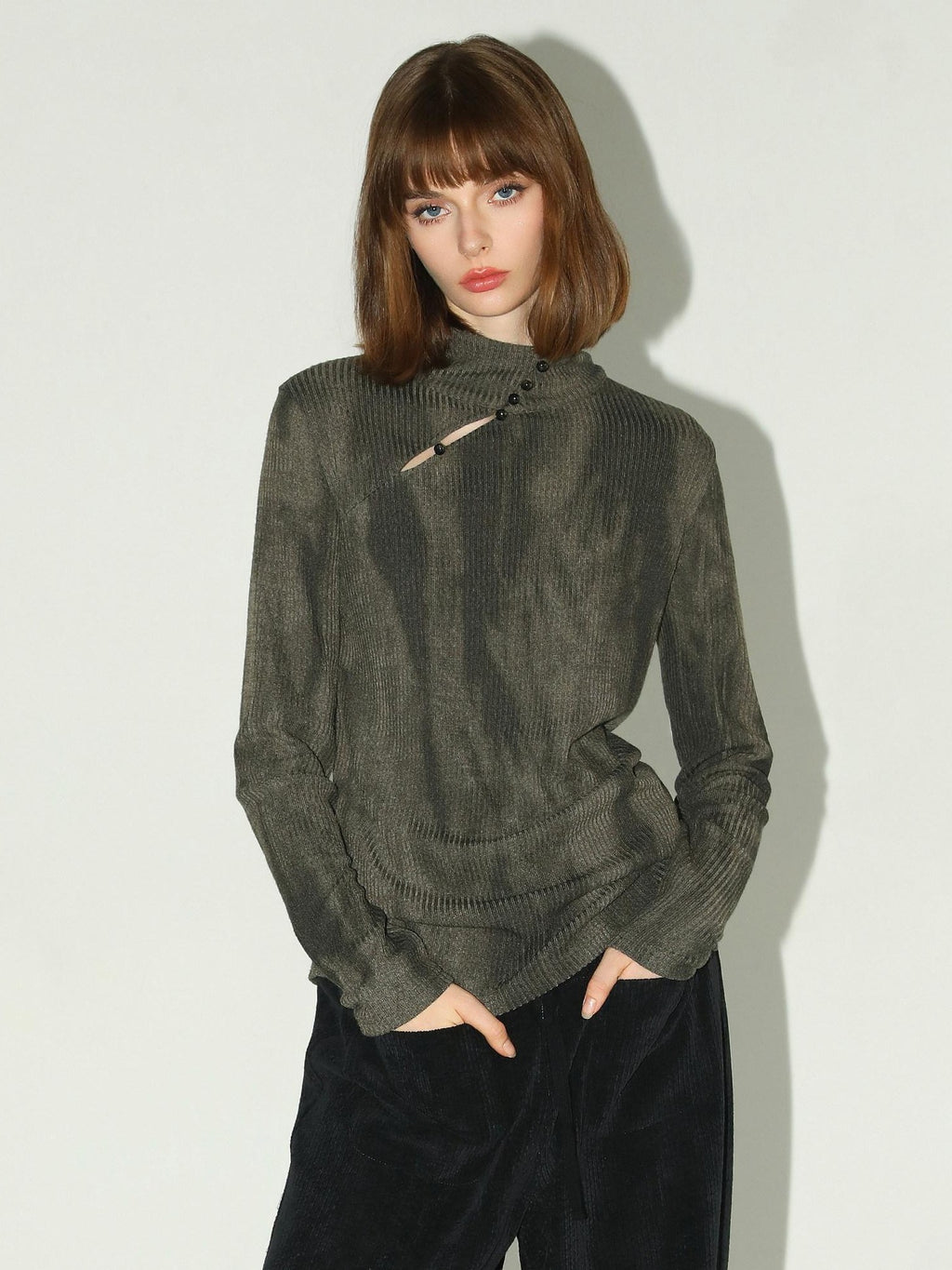 COCOBELLA Soft High Neck Long Sleeve Button Print Cutout Straight Fit Women Office Shirts