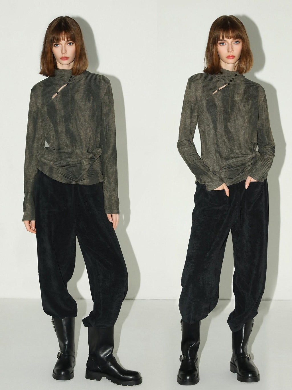 COCOBELLA Soft High Neck Long Sleeve Button Print Cutout Straight Fit Women Office Shirts