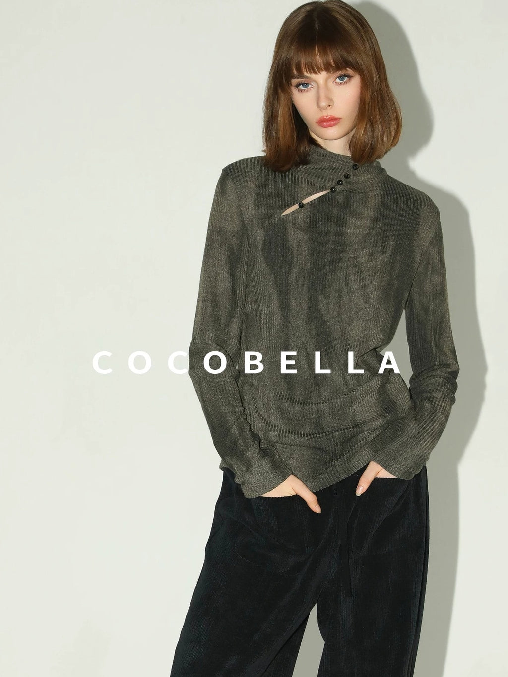 COCOBELLA Soft High Neck Long Sleeve Button Print Cutout Straight Fit Women Office Shirts