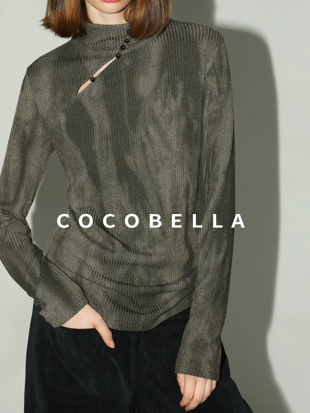 COCOBELLA Soft High Neck Long Sleeve Button Print Cutout Straight Fit Women Office Shirts