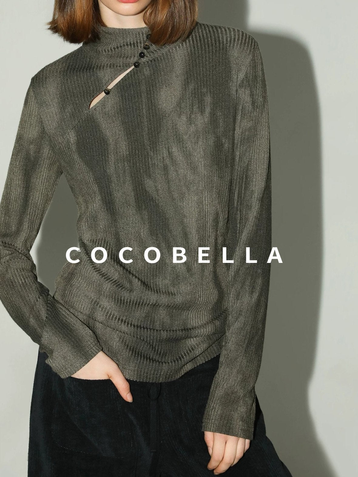 COCOBELLA Soft High Neck Long Sleeve Button Print Cutout Straight Fit Women Office Shirts