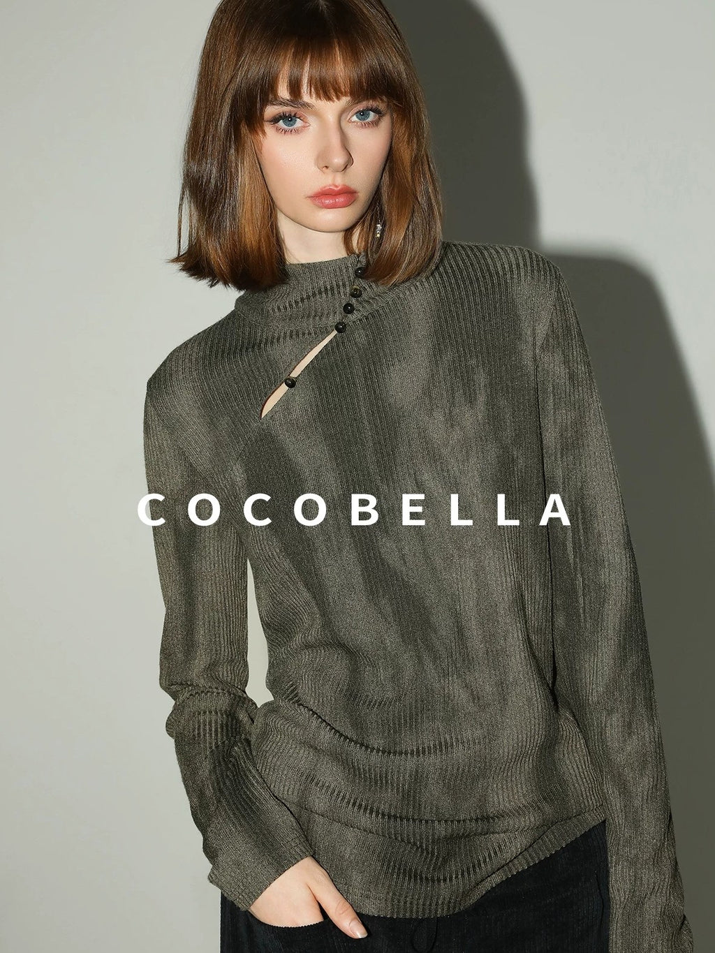 COCOBELLA Soft High Neck Long Sleeve Button Print Cutout Straight Fit Women Office Shirts
