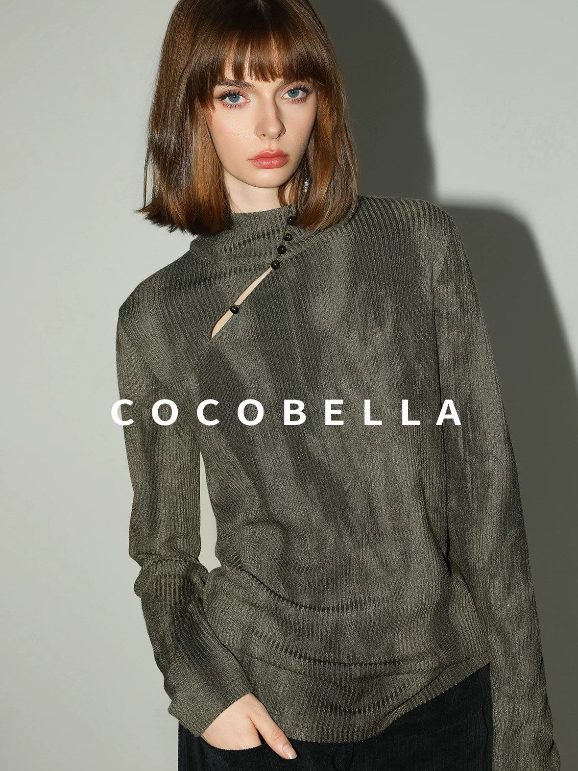 COCOBELLA Soft High Neck Long Sleeve Button Print Cutout Straight Fit Women Office Shirts