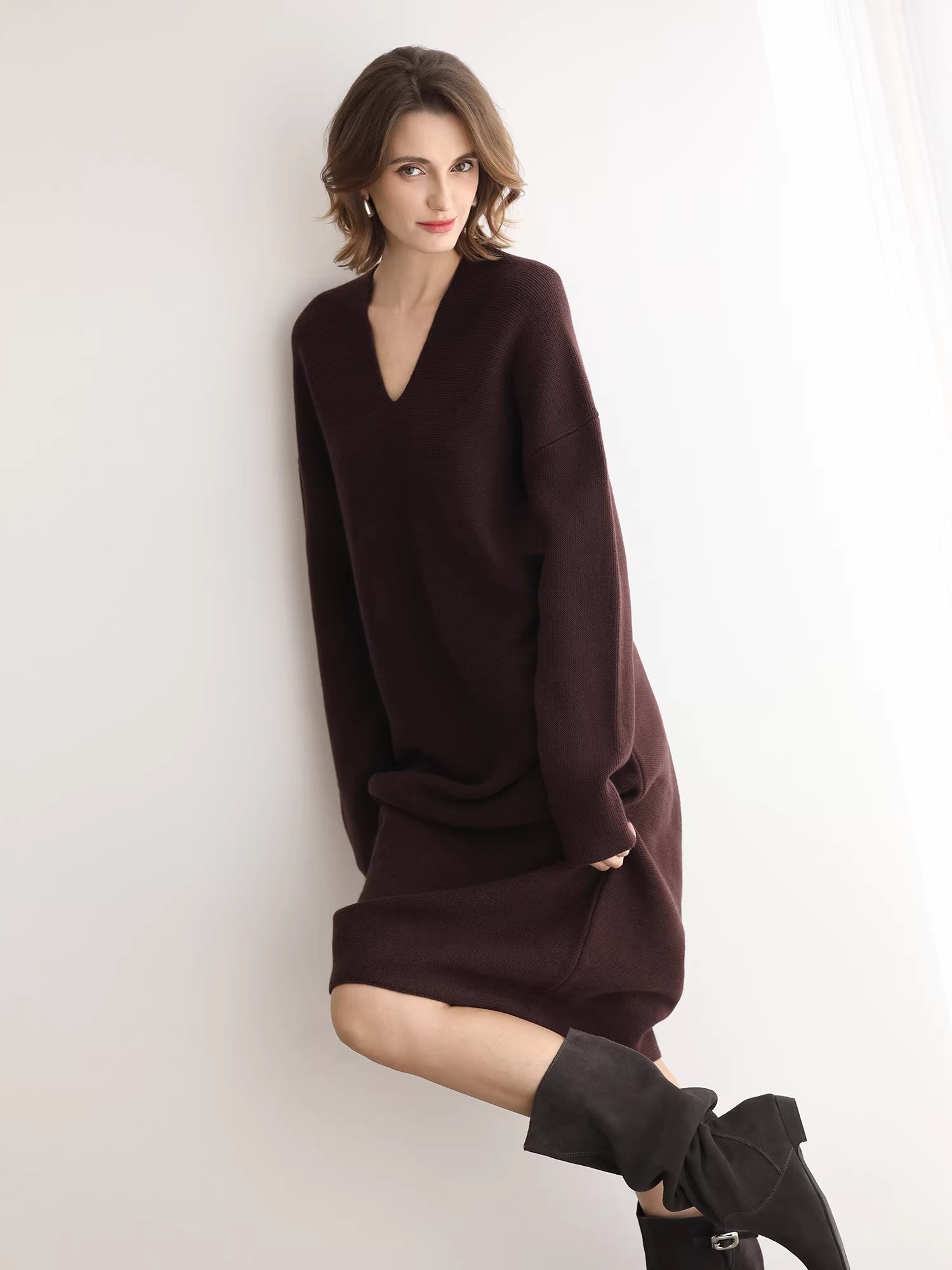 COCOBELLA_Soft_High_Stretch_V_Neck_Knit_Straight_H_Line_Long_Sleeve_Office_Women_Dresses_MISSTT