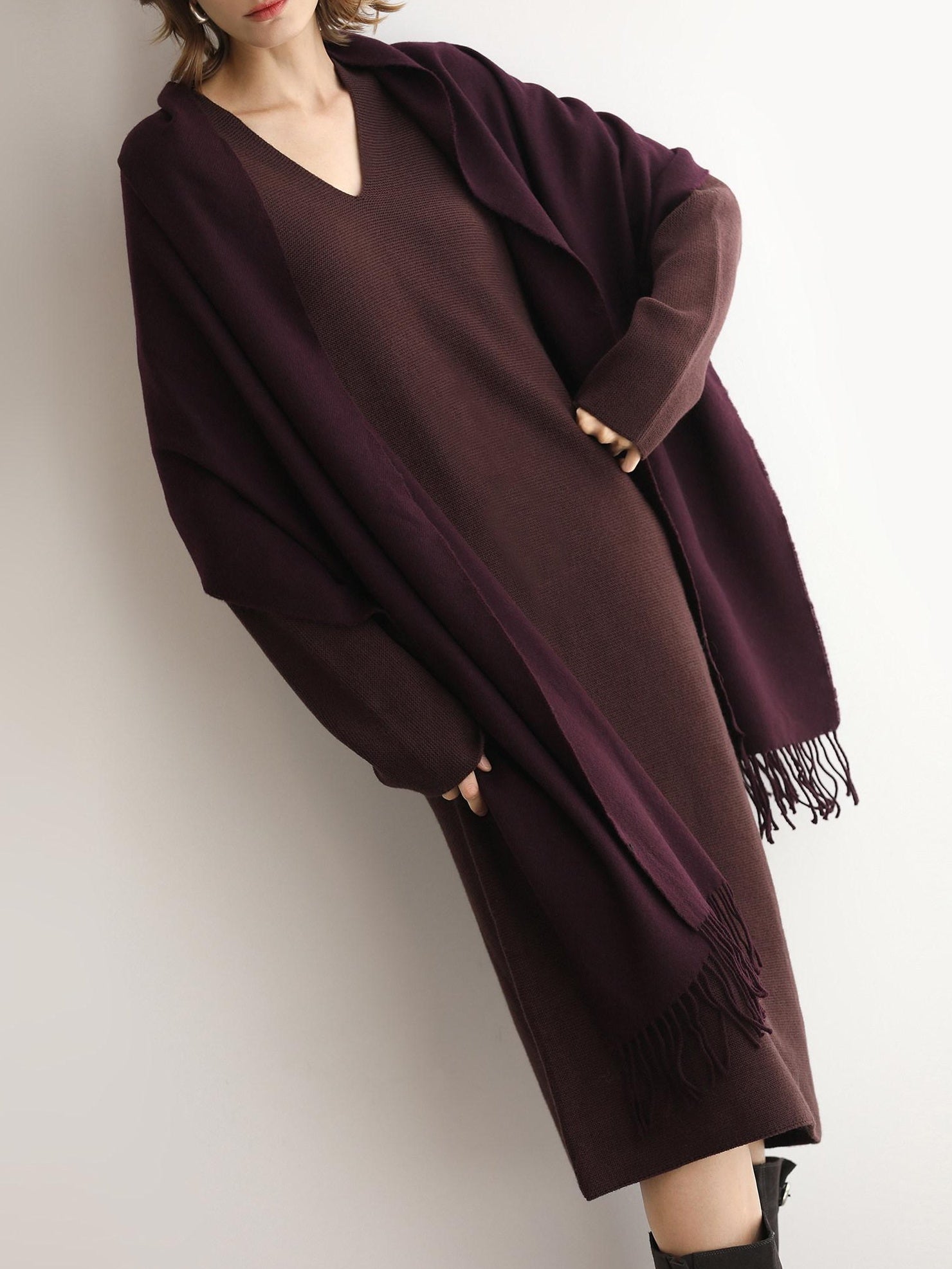 COCOBELLA Soft High Stretch V Neck Knit Straight H Line Long Sleeve Office Women Dresses