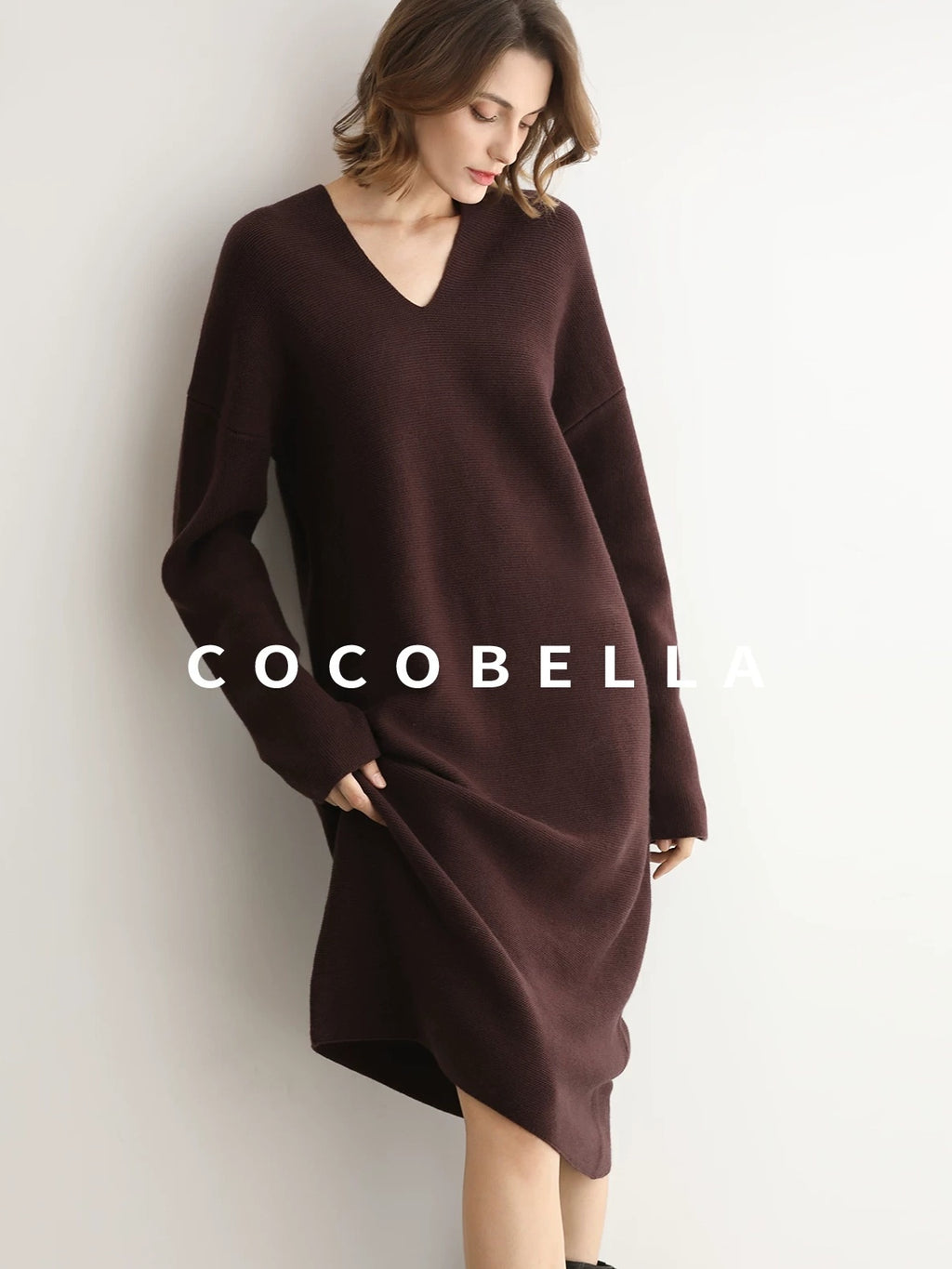 COCOBELLA Soft High Stretch V Neck Knit Straight H Line Long Sleeve Office Women Dresses