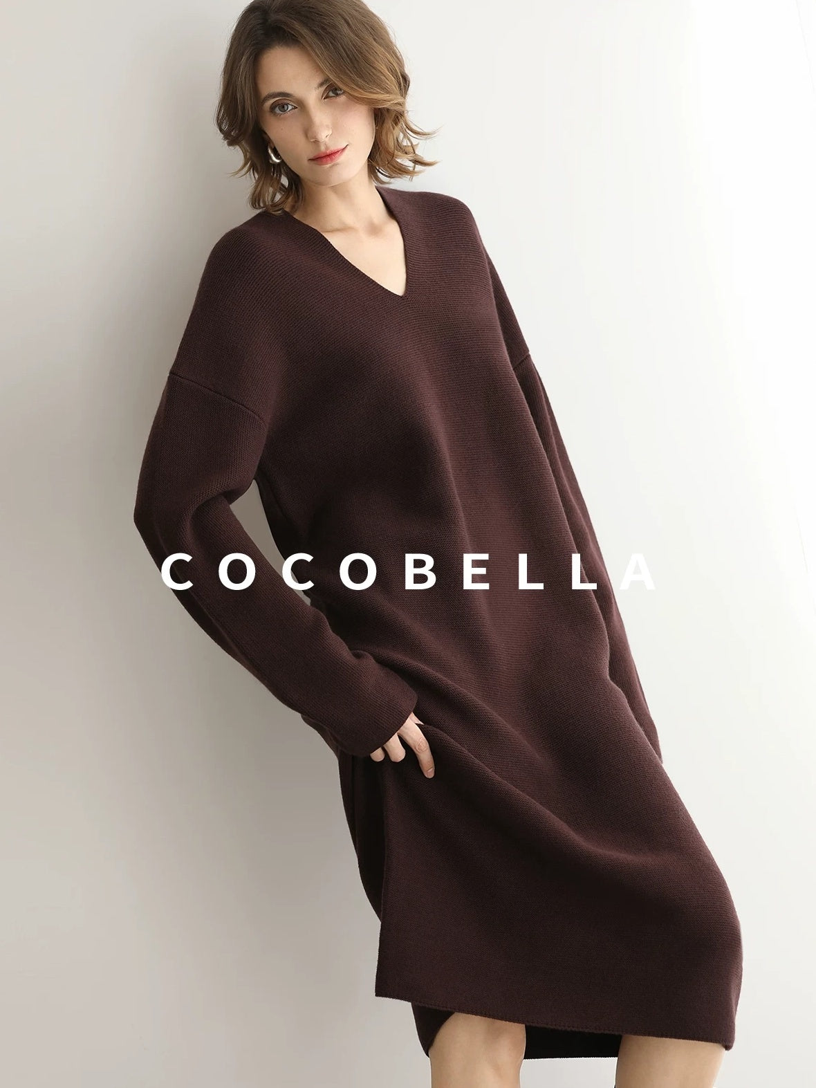 COCOBELLA Soft High Stretch V Neck Knit Straight H Line Long Sleeve Office Women Dresses