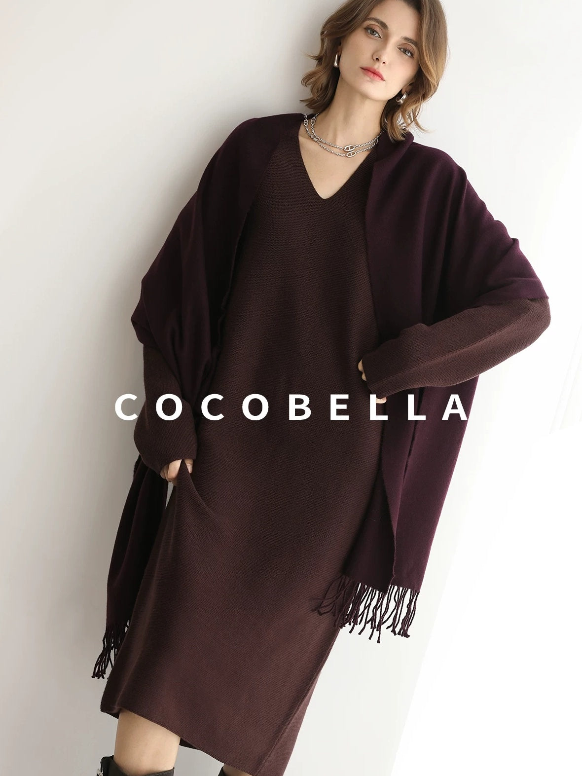 COCOBELLA Soft High Stretch V Neck Knit Straight H Line Long Sleeve Office Women Dresses