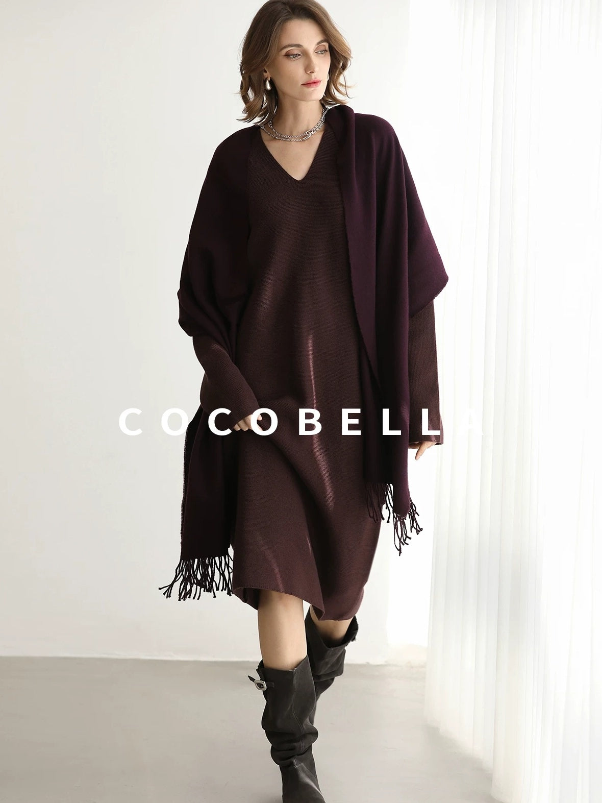 COCOBELLA Soft High Stretch V Neck Knit Straight H Line Long Sleeve Office Women Dresses