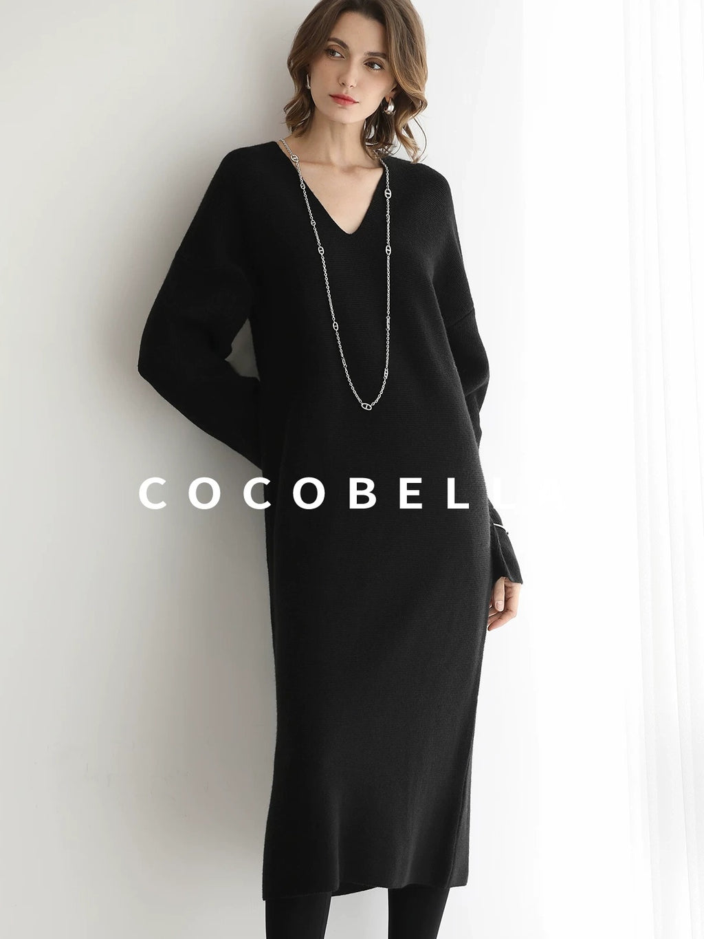 COCOBELLA Soft High Stretch V Neck Knit Straight H Line Long Sleeve Office Women Dresses