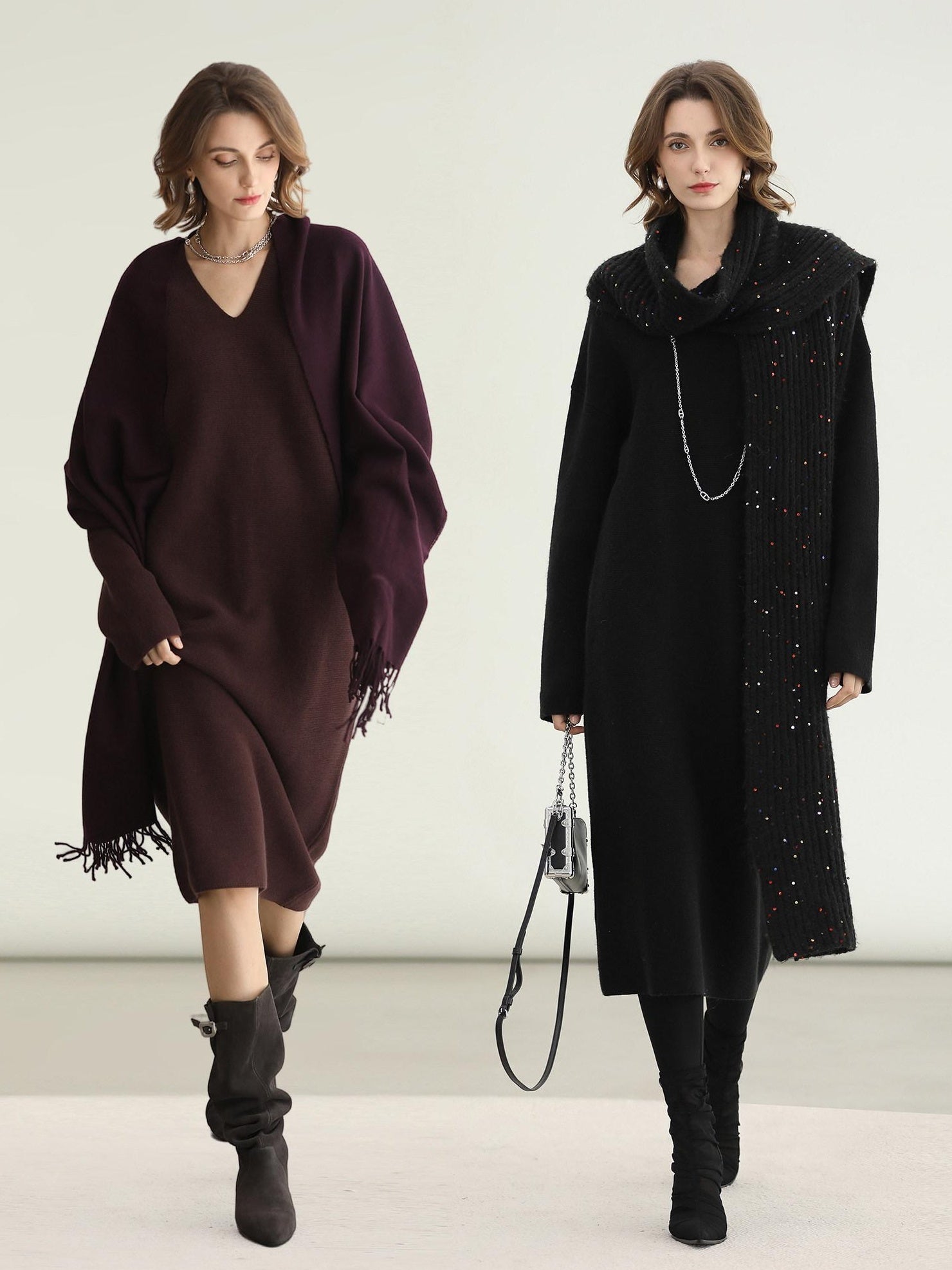 COCOBELLA Soft High Stretch V Neck Knit Straight H Line Long Sleeve Office Women Dresses