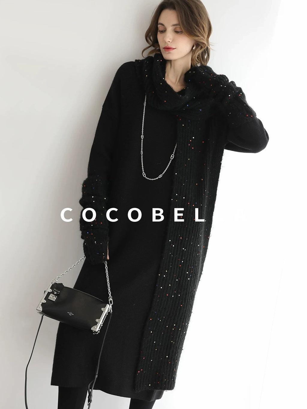 COCOBELLA Soft High Stretch V Neck Knit Straight H Line Long Sleeve Office Women Dresses