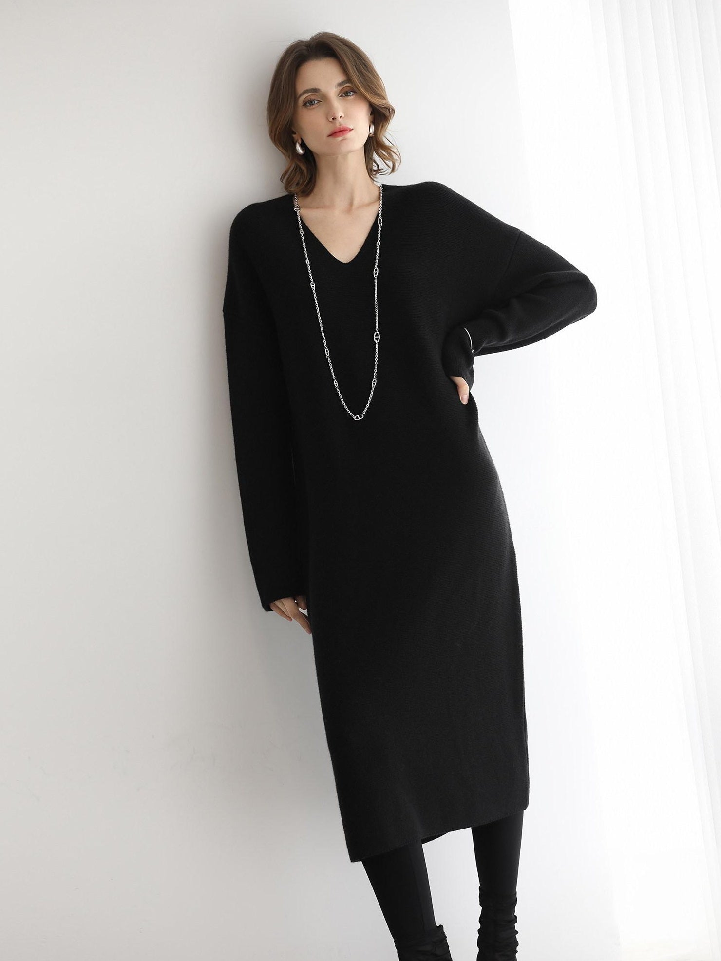 COCOBELLA Soft High Stretch V Neck Knit Straight H Line Long Sleeve Office Women Dresses