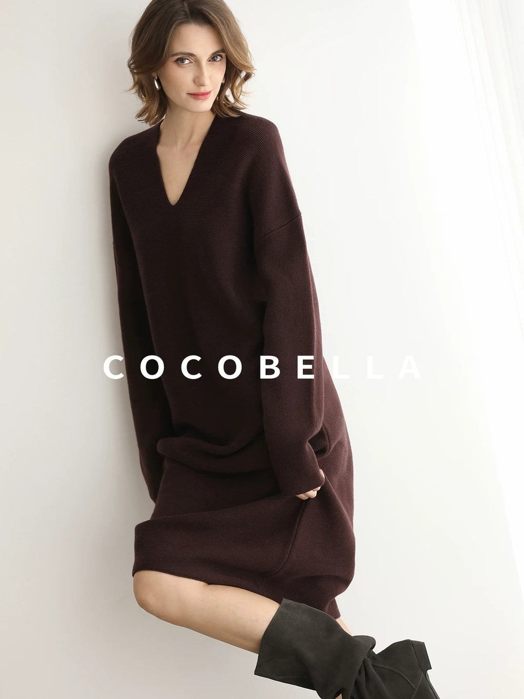 COCOBELLA Soft High Stretch V Neck Knit Straight H Line Long Sleeve Office Women Dresses