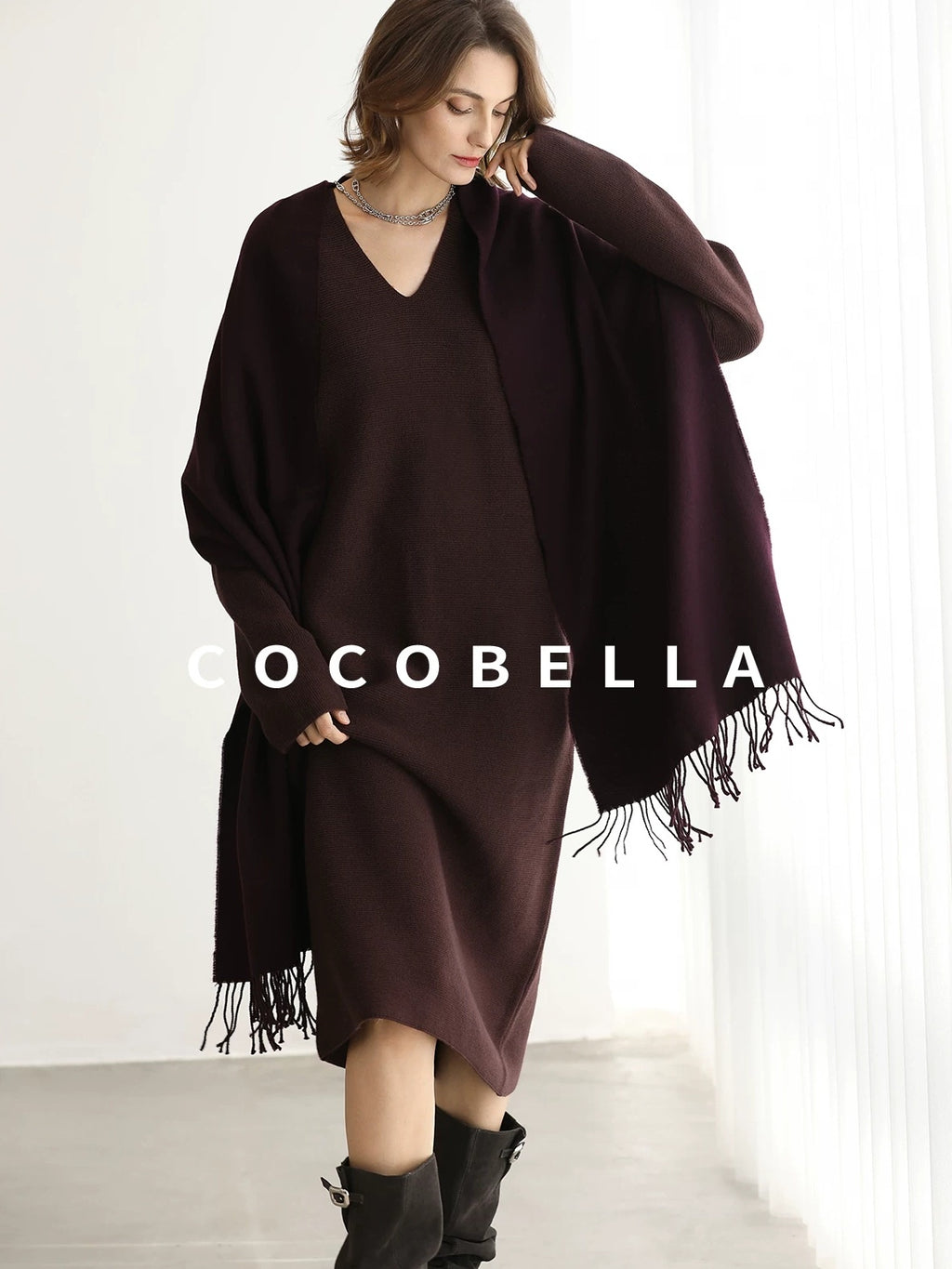 COCOBELLA Soft High Stretch V Neck Knit Straight H Line Long Sleeve Office Women Dresses