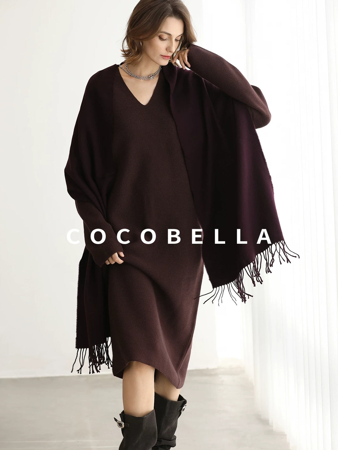 COCOBELLA Soft High Stretch V Neck Knit Straight H Line Long Sleeve Office Women Dresses