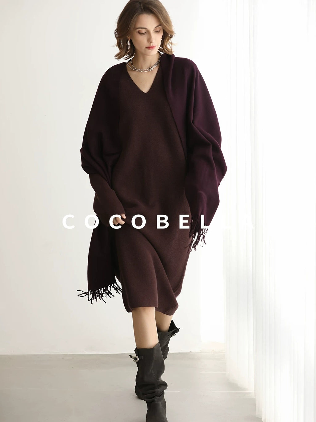 COCOBELLA Soft High Stretch V Neck Knit Straight H Line Long Sleeve Office Women Dresses