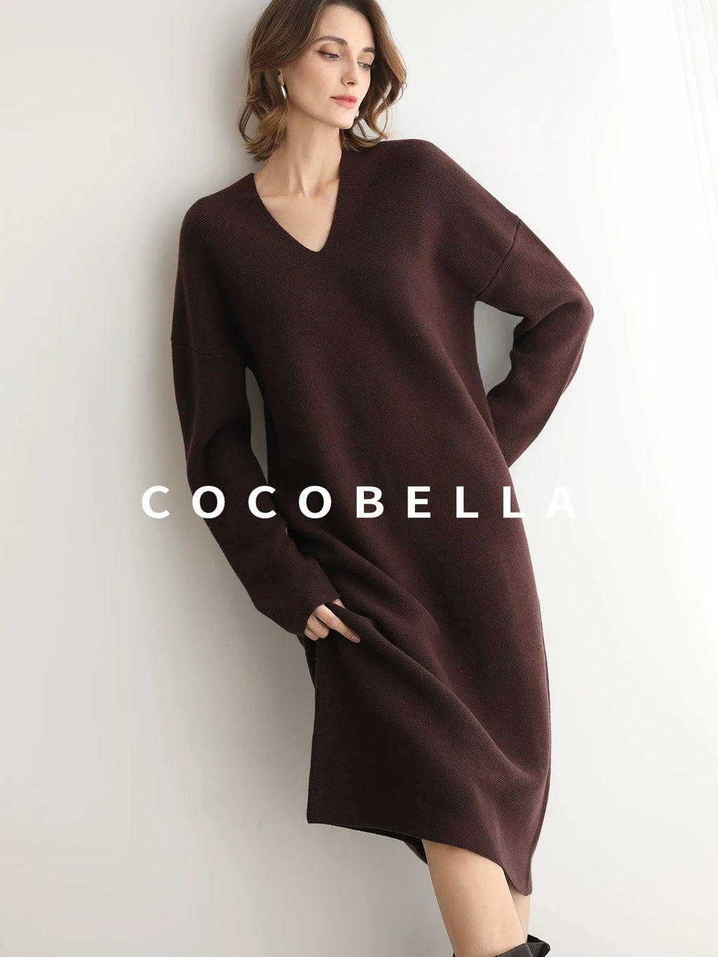 COCOBELLA Soft High Stretch V Neck Knit Straight H Line Long Sleeve Office Women Dresses