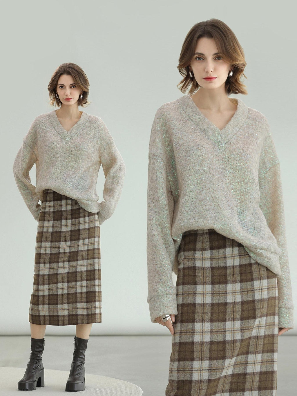 COCOBELLA Soft Iridescent Sequin V Neck Loose Knit Workwear Chic Women Knit Sweater