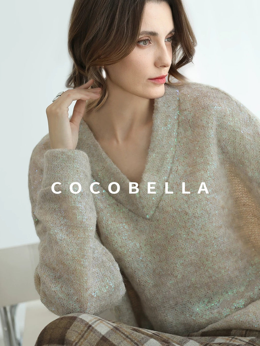 COCOBELLA Soft Iridescent Sequin V Neck Loose Knit Workwear Chic Women Knit Sweater